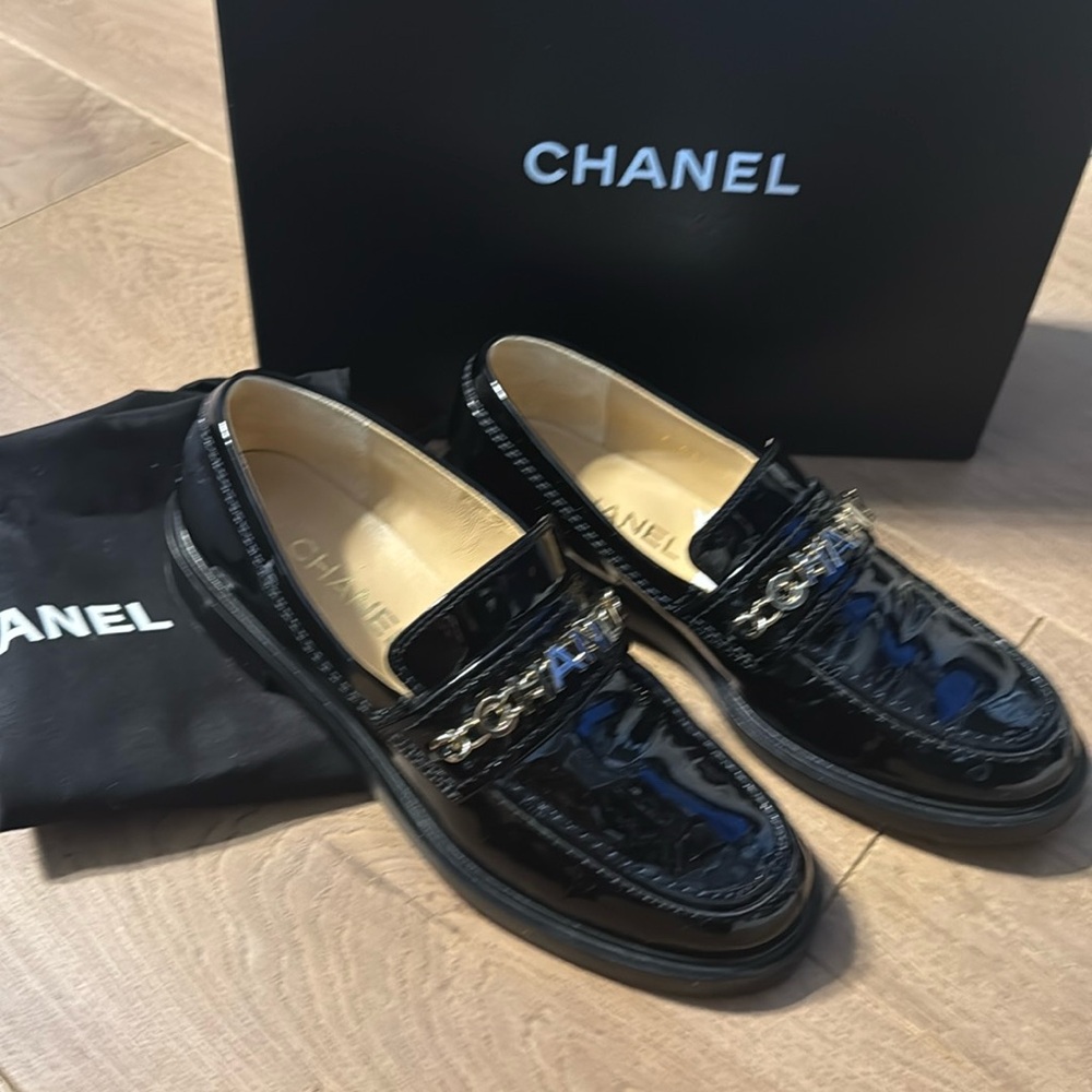 CHANEL Black Patent Leather Loafers
